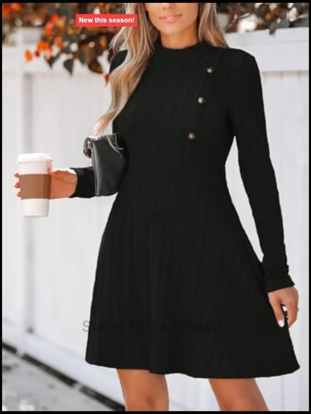 Women's Textured Knit A-Line Mini Dress Long Sleeve Button Detail Fall Casual